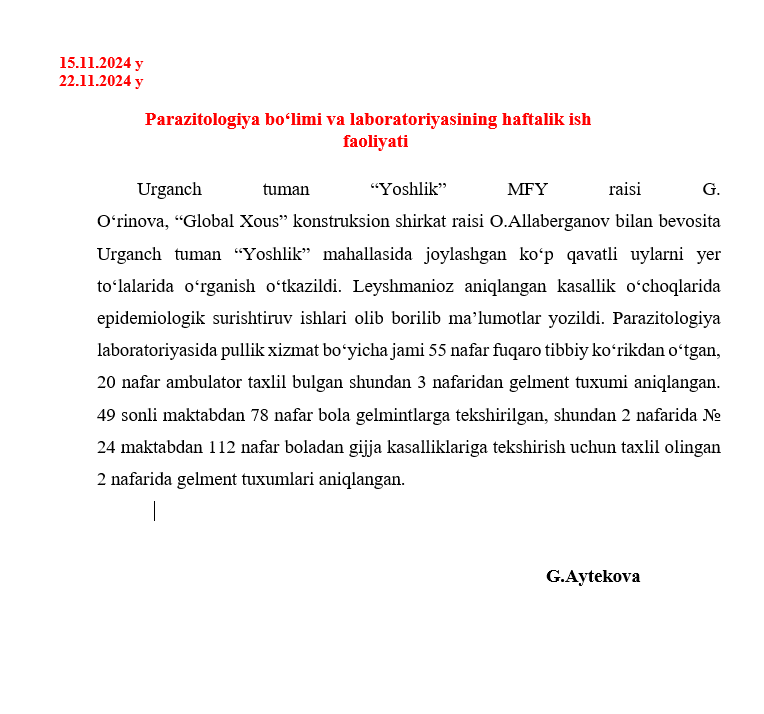 Parazitologiya bo‘limi va laboratoriyasining haftalik ish                                                 faoliyati