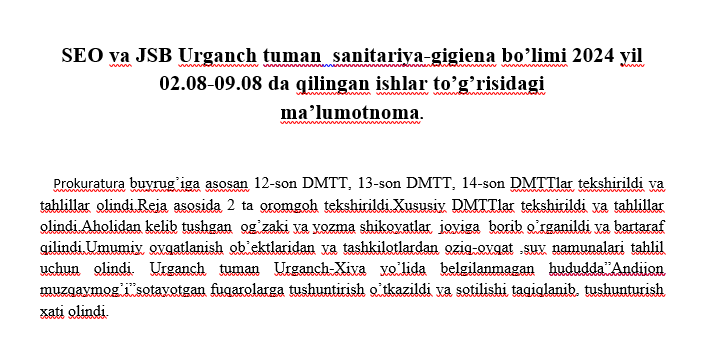 SEO va JSB Urganch tuman  sanitariya-gigiena bo’limi 2024 yil 02.08-09.08 da qilingan ishlar to’g’risidagi                               ma’lumotnoma.