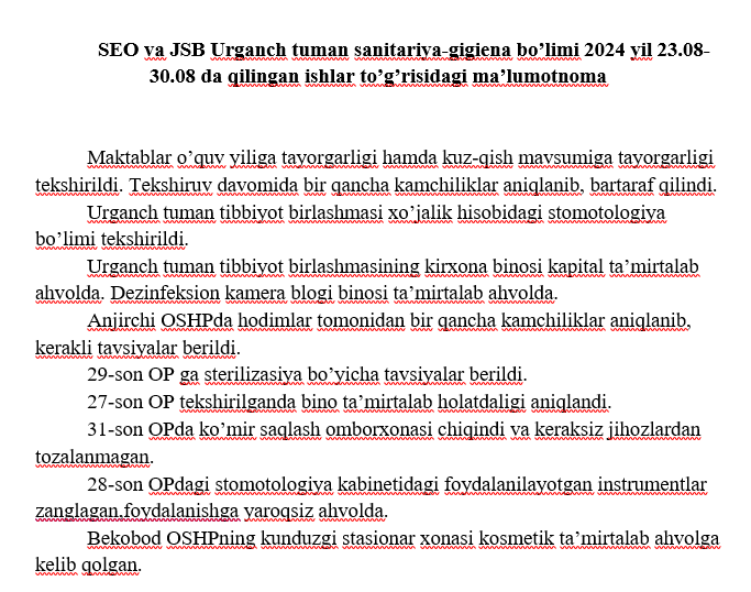 SEO va JSB Urganch tuman sanitariya-gigiena bo’limi 2024 yil 23.08-30.08 da qilingan ishlar to’g’risidagi ma’lumotnoma